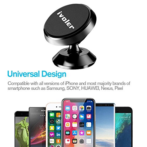 ivoler [2-Unidades] Soporte Magnético Móvil Coche Universal Aluminio con 4 Pegatinas Metalicas, Mini Iman Móvil Coche/Soporte Auto Car Mount Metálico 360° Rotación para Móviles Dispositivo GPS -Negro