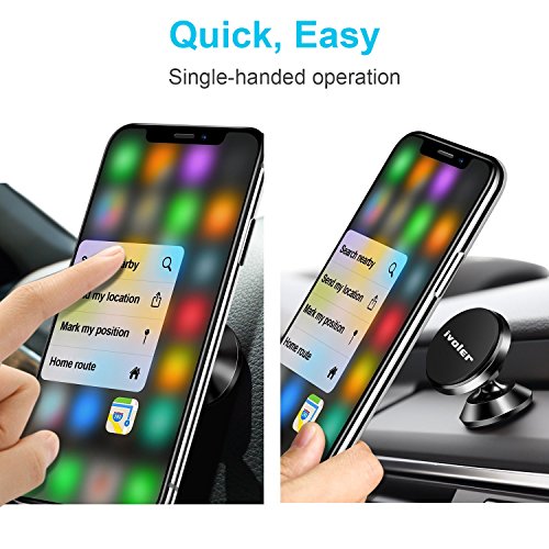 ivoler [2-Unidades] Soporte Magnético Móvil Coche Universal Aluminio con 4 Pegatinas Metalicas, Mini Iman Móvil Coche/Soporte Auto Car Mount Metálico 360° Rotación para Móviles Dispositivo GPS -Negro
