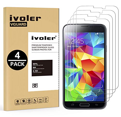 ivoler [4 Unidades] Protector de Pantalla Compatible con Samsung Galaxy S5 y S5 Neo, Cristal Vidrio Templado Premium [Dureza 9H] [Anti-Arañazos] [Sin Burbujas]