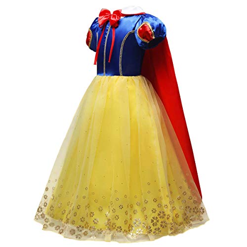 IWEMEK Traje de Princesa Blancanieves Disfraz de Carnaval con Cabo Accesorios 9pcs Vestido de Cosplay para Niñas Disfraces de Halloween Navidad Cumpleaños Comunión Fiesta 7-8 años
