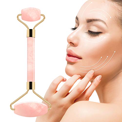 Jade Roller y Gua Sha raspado conjunto de herramientas faciales, Rodillo facial de cuarzo rosa, 100% jade real,Antienvejecimiento natural, ojo antiarrugas conjunto de cuidado ocular