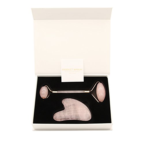 Jade Roller y Gua Sha raspado conjunto de herramientas faciales, Rodillo facial de cuarzo rosa, 100% jade real,Antienvejecimiento natural, ojo antiarrugas conjunto de cuidado ocular
