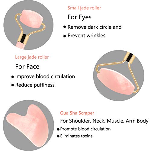 Jade Roller y Gua Sha raspado conjunto de herramientas faciales, Rodillo facial de cuarzo rosa, 100% jade real,Antienvejecimiento natural, ojo antiarrugas conjunto de cuidado ocular