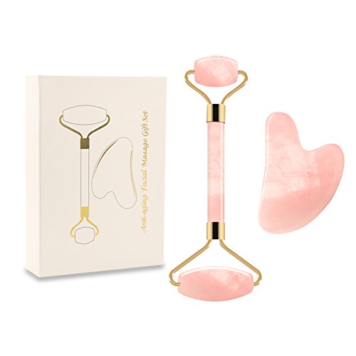 Jade Roller y Gua Sha raspado conjunto de herramientas faciales, Rodillo facial de cuarzo rosa, 100% jade real,Antienvejecimiento natural, ojo antiarrugas conjunto de cuidado ocular