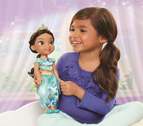 Jakks Pacific Princesa Disney, muñeca Jazmine Aladdin Detalle. Fíjate en su Pelo, Vestido, Corona, Zapatitos - Traje Multicolor con Preciosos Estampados