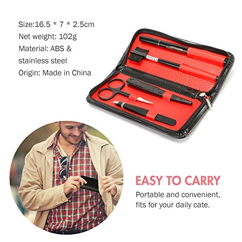 JamBer - Juego de 5 pinzas y tijeras de acero inoxidable curvadas y cepillo de cejas y lápiz de cejas con estuche negro, kit de cejas para hombres y mujeres