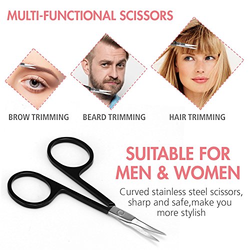 JamBer - Juego de 5 pinzas y tijeras de acero inoxidable curvadas y cepillo de cejas y lápiz de cejas con estuche negro, kit de cejas para hombres y mujeres