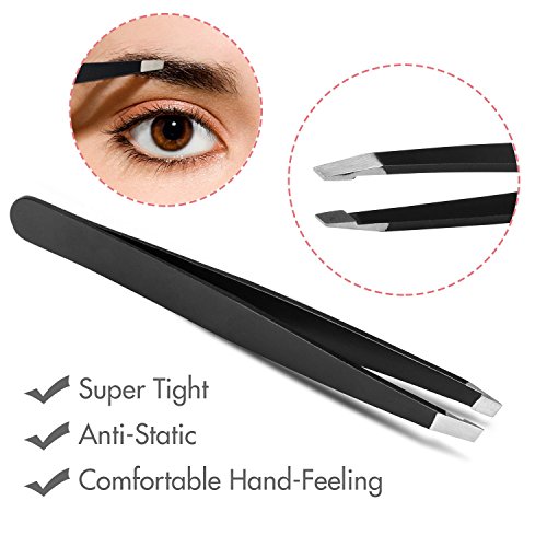 JamBer - Juego de 5 pinzas y tijeras de acero inoxidable curvadas y cepillo de cejas y lápiz de cejas con estuche negro, kit de cejas para hombres y mujeres