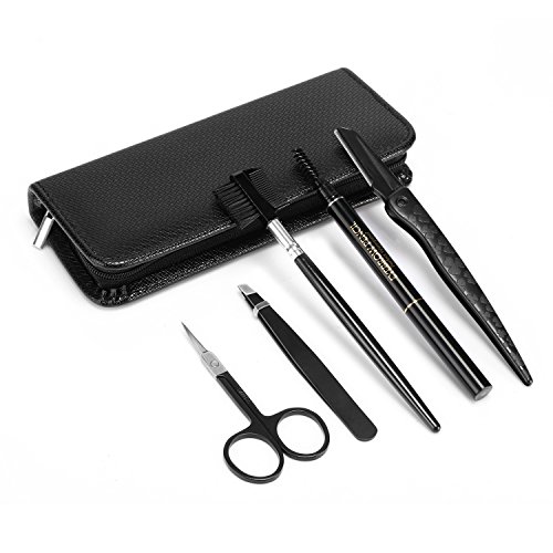 JamBer - Juego de 5 pinzas y tijeras de acero inoxidable curvadas y cepillo de cejas y lápiz de cejas con estuche negro, kit de cejas para hombres y mujeres