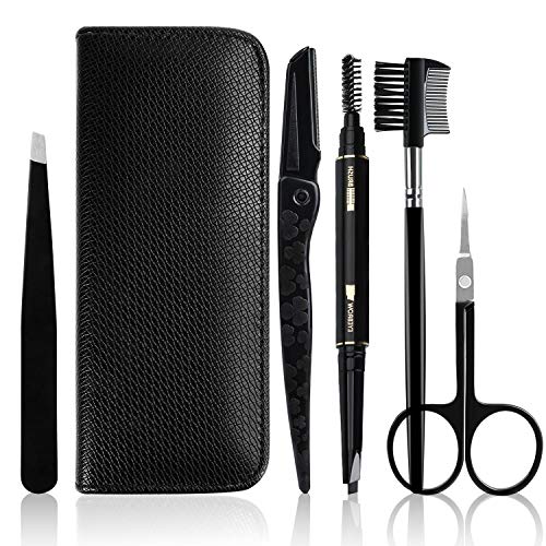 JamBer - Juego de 5 pinzas y tijeras de acero inoxidable curvadas y cepillo de cejas y lápiz de cejas con estuche negro, kit de cejas para hombres y mujeres