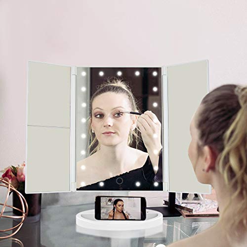 JAMIEWIN 3X 2X 1x Espejo de Maquillaje de Aumento con Luces Espejo de Tocador LED Regulable Grande Espejo Cosmético de Aumento Uluminado - Blanco