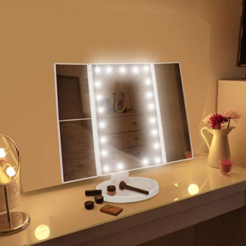 JAMIEWIN 3X 2X 1x Espejo de Maquillaje de Aumento con Luces Espejo de Tocador LED Regulable Grande Espejo Cosmético de Aumento Uluminado - Blanco