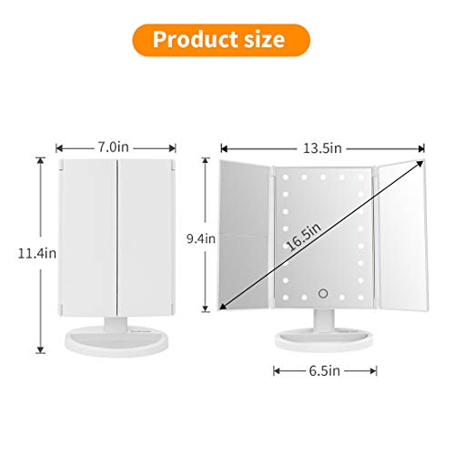 JAMIEWIN 3X 2X 1x Espejo de Maquillaje de Aumento con Luces Espejo de Tocador LED Regulable Grande Espejo Cosmético de Aumento Uluminado - Blanco