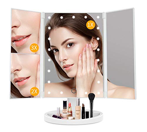 JAMIEWIN 3X 2X 1x Espejo de Maquillaje de Aumento con Luces Espejo de Tocador LED Regulable Grande Espejo Cosmético de Aumento Uluminado - Blanco