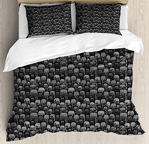 JamirtyRoy1 Alien Duvet Cover Set Single Size, Funny Monster Mutant Viruses in a Spooky Theme of Microorganisms, Decorative 3 Piece Bedding Set with 2 Pillow Shams, Grey Charcoal Grey Dark Grey