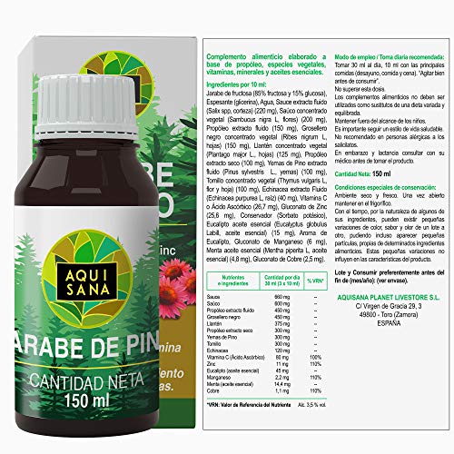 Jarabe de Pino - Aquisana | Jarabe con Equinacea + Propóleo +Vitaminas | Ayuda a reducir la Tos-libre de alérgenos - (150 ML)