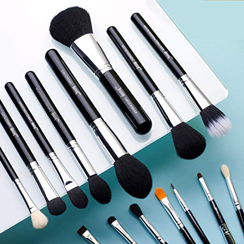 Jessup® - Juego de brochas de maquillaje, 15 piezas, brochas de maquillaje, maquillaje de base, base de polvo, sombra de ojos, delineador de ojos, brochas de labios (negro/plata) T092