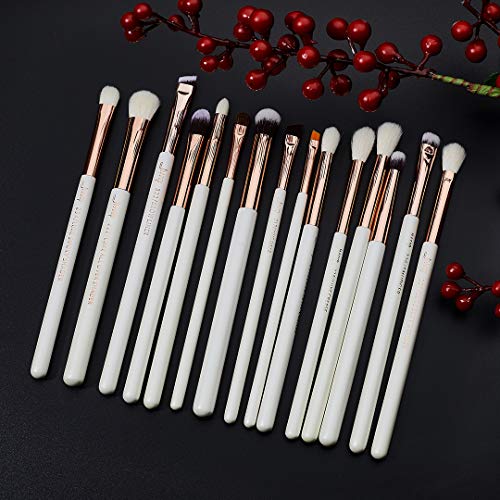 Jessup Juego de brochas de maquillaje profesionales 15 unidades, blanco perla/oro rosa, kit de herramientas de pinceles de maquillaje, delineador de ojos, sombras, pelo sintético natural