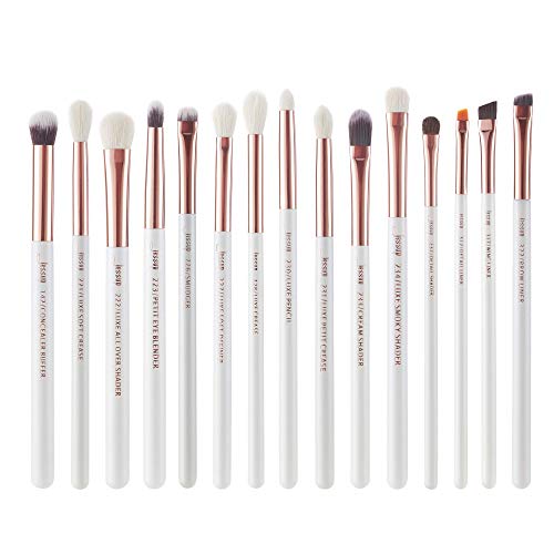 Jessup Juego de brochas de maquillaje profesionales 15 unidades, blanco perla/oro rosa, kit de herramientas de pinceles de maquillaje, delineador de ojos, sombras, pelo sintético natural