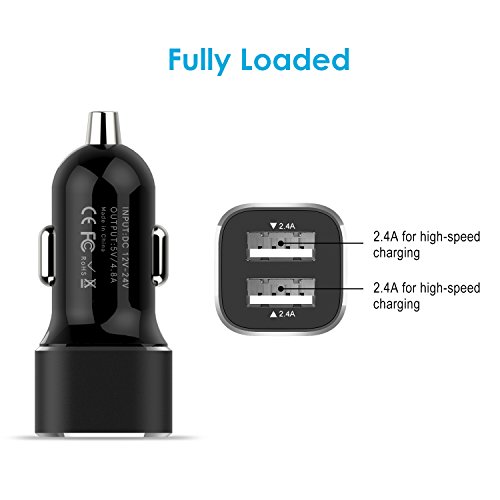 JETech USB Cargador de Coche 24W 4.8A Doble Puerto, Negro