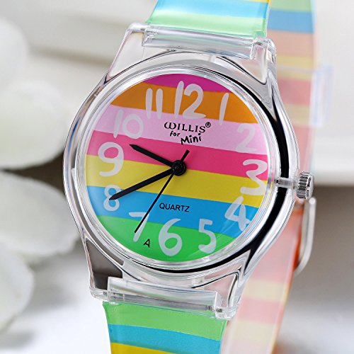 JewelryWe Reloj de Niños Niñas Reloj Analogico de Colores Arco Iris, Reloj Transparente Correa de Silicona para Chicas, Buen Adorno de Verano Colorido