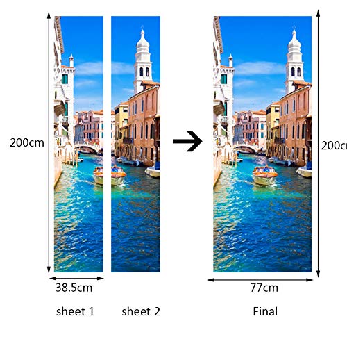 JHLP Etiquetas engomadas de la puerta del dormitorio 3D Decoración autoadhesiva Etiquetas de la puerta del canal de Venecia Decoración del hogar impermeable restaurada etiqueta de la puerta