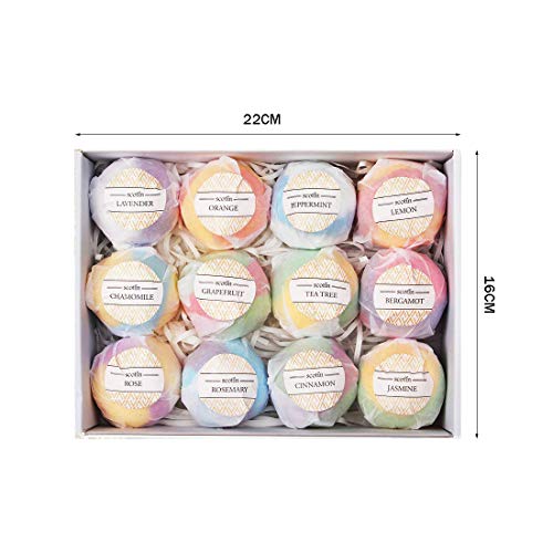 JiaHome Bombas de Baño de Sal 12 Piezas de Juego de Bolas de baño efervescentes, Bath Bombs,Sal de baño de Aceite Esencial Natural, SPA de Aromaterapia,Cuerpo calmante, Efecto hidratante.
