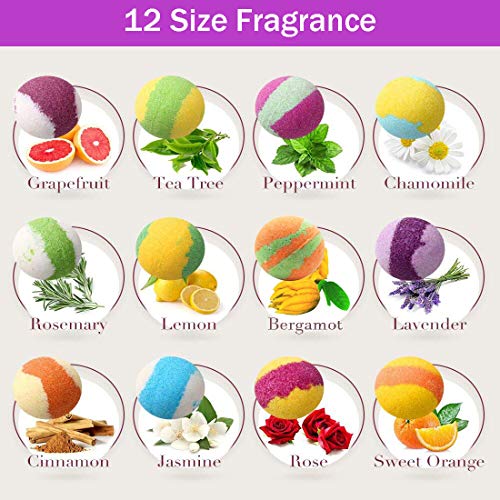 JiaHome Bombas de Baño de Sal 12 Piezas de Juego de Bolas de baño efervescentes, Bath Bombs,Sal de baño de Aceite Esencial Natural, SPA de Aromaterapia,Cuerpo calmante, Efecto hidratante.