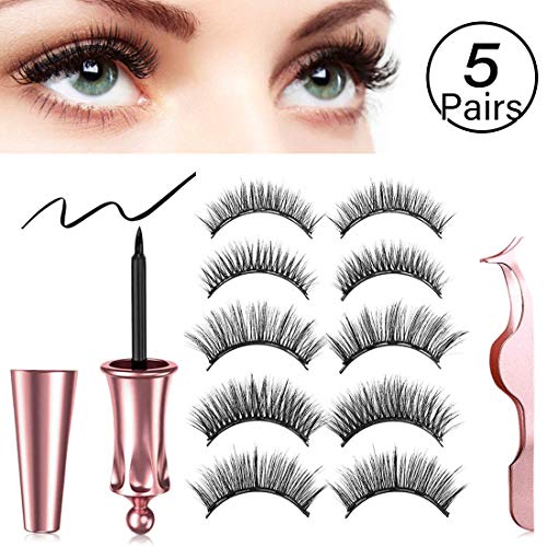 JiaHome Juego de pestañas magnéticas,(5 pares) Natural 3D Pestañas Postizas, Magnetic Eyeliner y pinzas,no requiere pegamento
