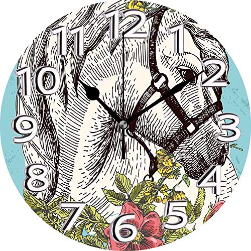 jifyasuo Wall Clock 10in Floral Boho Style Horse Opium Blossoms Poppy Wreath Equestrian Illustration Turquoise Apple GreenSilent Home Office Decor Non-Ticking Clock Office Decorative