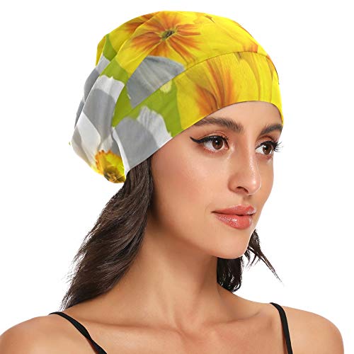 JINCAII Gorros para Dormir Narcisos gráficos Pascua Primavera Amarillo Gorro de Noche para niñas Suave Exterior Durable Gorro para Dormir para Cabello Largo Natural Rizado Disponible día y