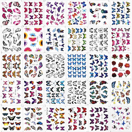 Jinlaili Pegatinas de Uñas Mariposa, 30 Hojas Pegatinas de Uñas Al Agua, Calcomanías de Pegatinas Uñas Gel, Decoración de Uñas Lámina para Mujeres Niñas Nail Art Stickers