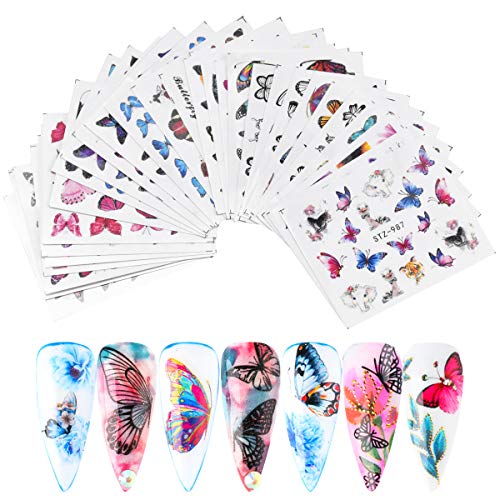 Jinlaili Pegatinas de Uñas Mariposa, 30 Hojas Pegatinas de Uñas Al Agua, Calcomanías de Pegatinas Uñas Gel, Decoración de Uñas Lámina para Mujeres Niñas Nail Art Stickers