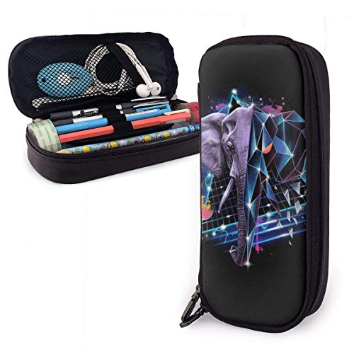 JKKSA Leather Pen Bag Pouch With Zipper, One Pocket Professional Storage For Office Supply Accessories For Teen Student Kids Painter, Abstract Half Elephant Pace And Half Geometric Art Storage Pouch