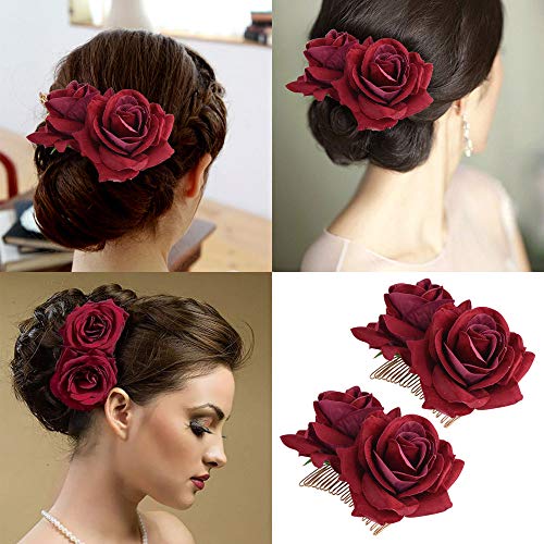 JNCH Kit de Diadema de Flores - 1pcs Corona Flores Diadema de Pelo + 2pcs Peinetas de Pelo Tiara Flores Rojas para Mujer Chica Bailarina de Flamenco Novia Nupcial Boda Comunión Fiesta Forma de Rosa