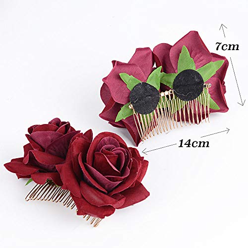 JNCH Kit de Diadema de Flores - 1pcs Corona Flores Diadema de Pelo + 2pcs Peinetas de Pelo Tiara Flores Rojas para Mujer Chica Bailarina de Flamenco Novia Nupcial Boda Comunión Fiesta Forma de Rosa