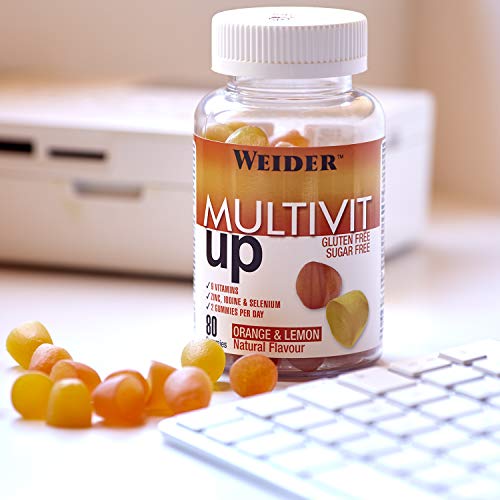 Joe Weider Victory Multivit Up 80 gummies, Sabor naranja y limón, Sin azúcares y sin gluten, Gominolas de vitaminas y minerales