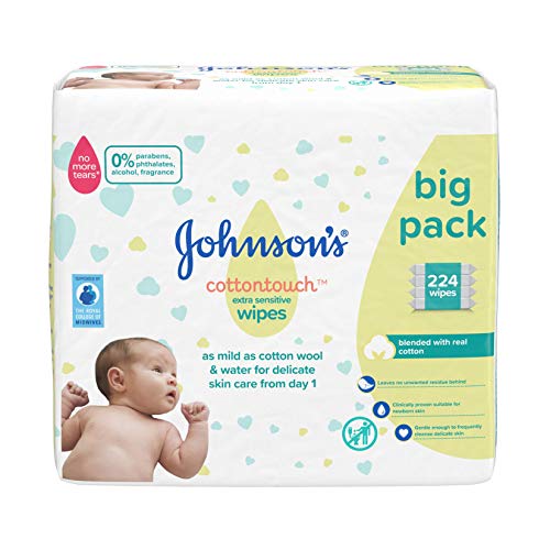 JOHNSON'S Cottontouch - Toallitas extra sensibles 224 ct (56 x 4) - mezcladas con algodón real - pH equilibrado para pieles delicadas