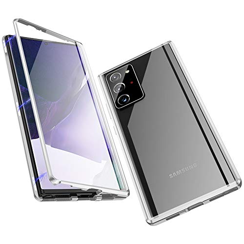 Jonwelsy Funda para Samsung Galaxy Note 20 Ultra, Adsorción Magnética Parachoques Metal con 360 Grados Protección Case Cover Transparente Ambos Lados Vidrio Templado Cubierta para Note 20U (Plata)