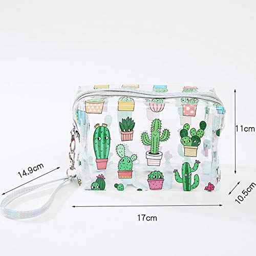 JooNeng - Neceser transparente con correa de mano, bolsa organizadora de artículos, cremallera y dibujos monos, sirve para llevar cosméticos, maquillaje y artículos de aseo o como estuche Cactus