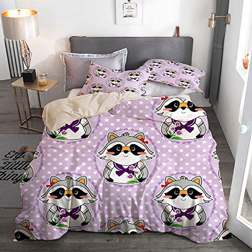 JOSENI Cute Style Lovely Light Lilac Print Sweet Cartoon Happy Raccoon Girl with Flower Microfibra Funda de Nórdico y Fundas de Almohada (Cama 220 x 240cm + Almohada 63X63cm)