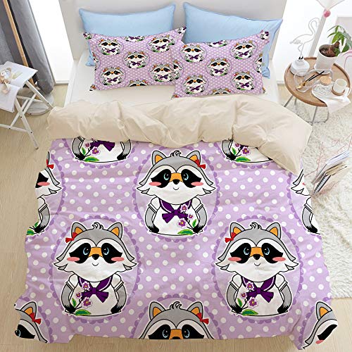 JOSENI Cute Style Lovely Light Lilac Print Sweet Cartoon Happy Raccoon Girl with Flower Microfibra Funda de Nórdico y Fundas de Almohada (Cama 220 x 240cm + Almohada 63X63cm)