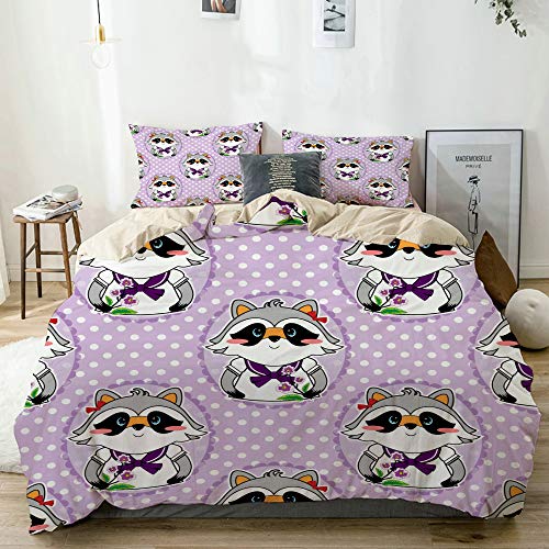 JOSENI Cute Style Lovely Light Lilac Print Sweet Cartoon Happy Raccoon Girl with Flower Microfibra Funda de Nórdico y Fundas de Almohada (Cama 220 x 240cm + Almohada 63X63cm)