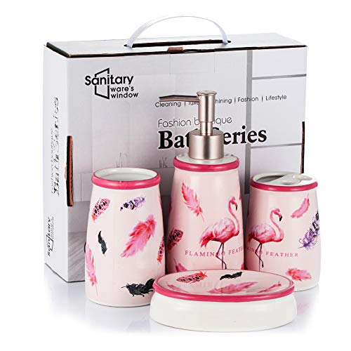 JOTOM Juego de 4 Accesorios de Baño de Cerámica con Diseño Moderno (Flamenco)