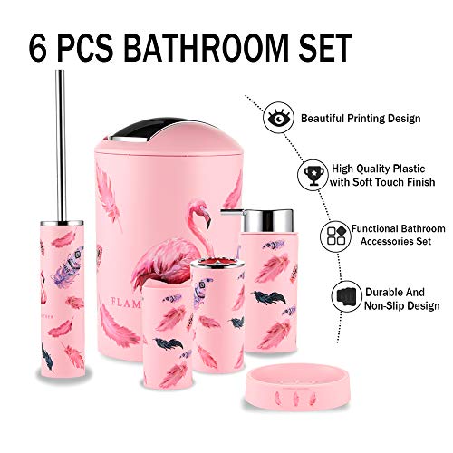 JOTOM Juego de Accesorios de Baño 6 Piezas, Cubo de Basura, Jabonera, Dispensador de jabón, Vaso, Vaso para Cepillo de Dientes y escobilla (Flamenco)