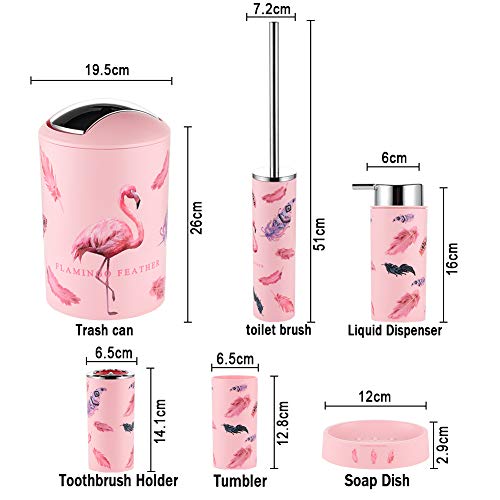 JOTOM Juego de Accesorios de Baño 6 Piezas, Cubo de Basura, Jabonera, Dispensador de jabón, Vaso, Vaso para Cepillo de Dientes y escobilla (Flamenco)