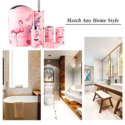 JOTOM Juego de Accesorios de Baño 6 Piezas, Cubo de Basura, Jabonera, Dispensador de jabón, Vaso, Vaso para Cepillo de Dientes y escobilla (Flamenco)
