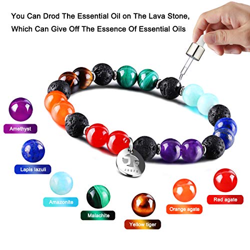 JOXFA Genuino Natural 7 Chakra Piedra Preciosa Hombres Mujeres 8mm Lava Rock Aromaterapia Aceite Esencial Difusor Pulsera Elástico Piedra Natural Cuentas de Yoga Pulsera Brazalete (Lava Chakra C)