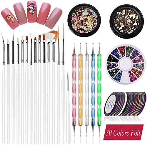 JOYLULY Nail Art Kit Set de cepillos de uñas Herramientas de puntos con decoración de gemas