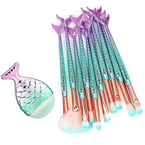 Juego de 11 brochas de maquillaje 3D con diseño de sirena, brochas de maquillaje, pinceles para sombra de ojos, delineador de ojos, colorete